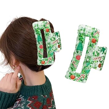 French Star Design Acrylic Square Large Hair Claw Clip - Green Christmas Tree Bell Winter Hair Claw Clips for Women - Thick & Thin Hair Accessories - 1Pcs