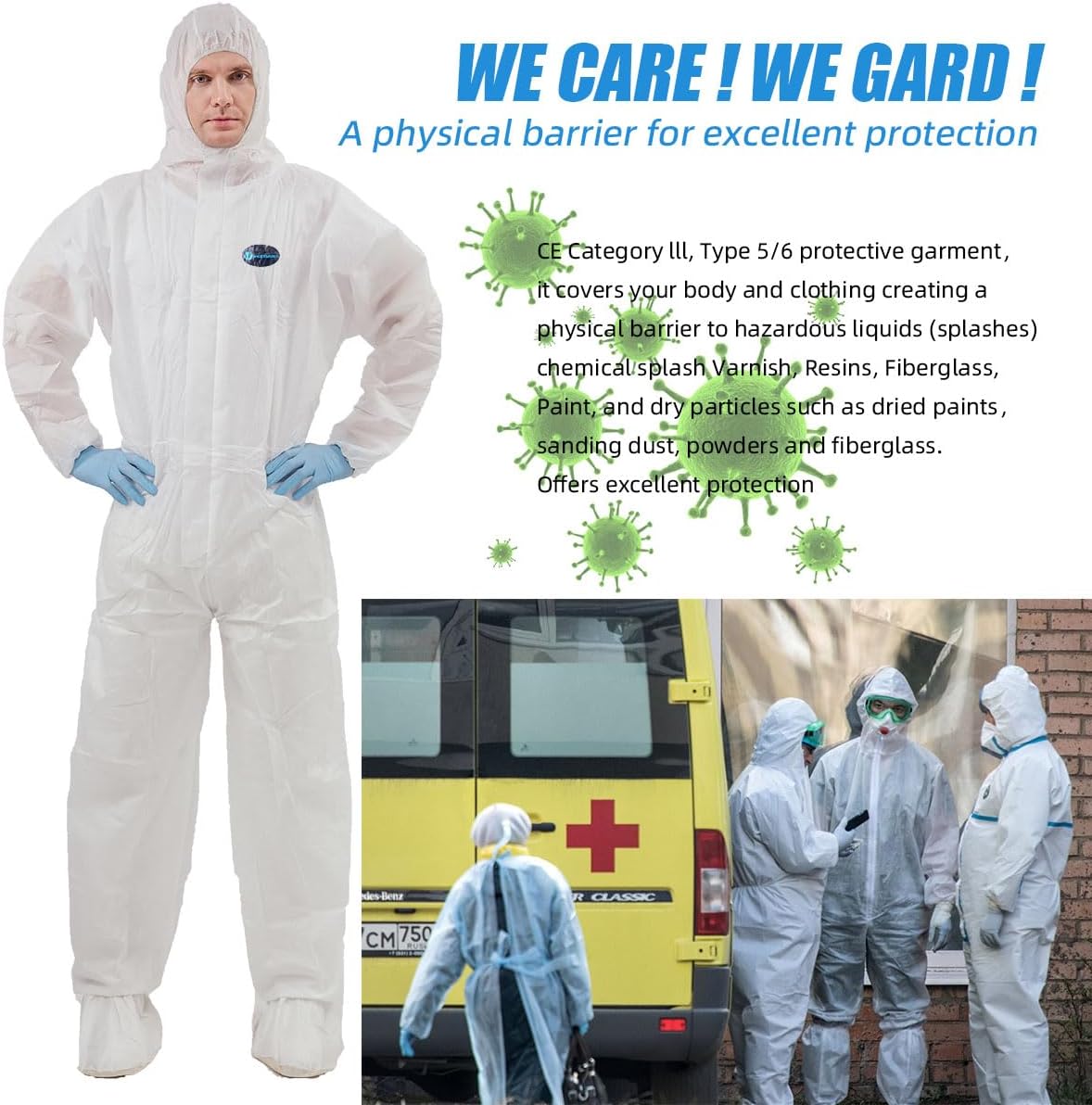 2 Pack Vicogard Hazmat Suits, SMS Breathable Disposable Coveralls, Front Zipper Elastic Waistband & Cuffs Ankles, Painters Suit for Men & Women with Hood for Hospitals, Laboratories, Medical - Image 3