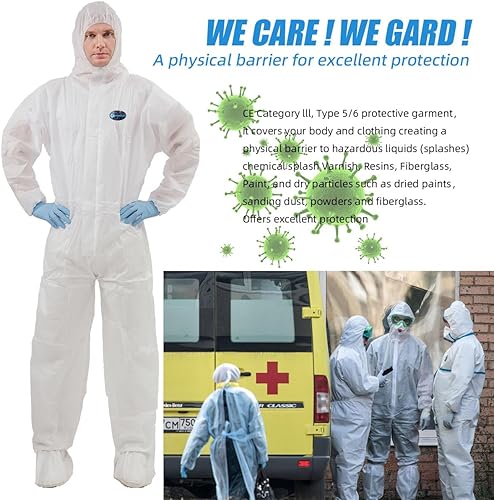 Miniatura 3 de VVicogard - Overol protector desechable, cintura elástica con cremallera frontal y puños para tobillos, traje de aislamiento SMS con capucha para