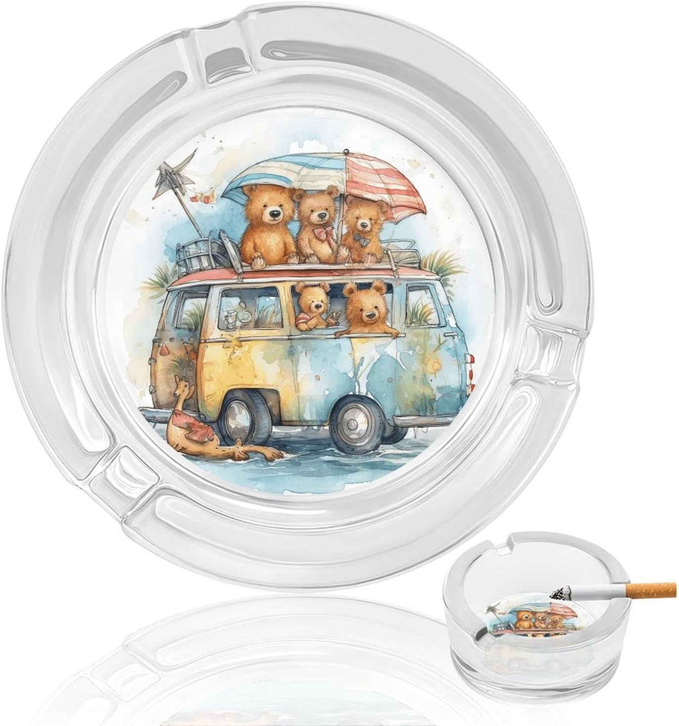 Glass Ashtrays,Truck And Bear Printed Round Ashtrays Portable Decorative Modern Ashtrays Non-slip Ashtrays for Home Office Indoor Outdoor