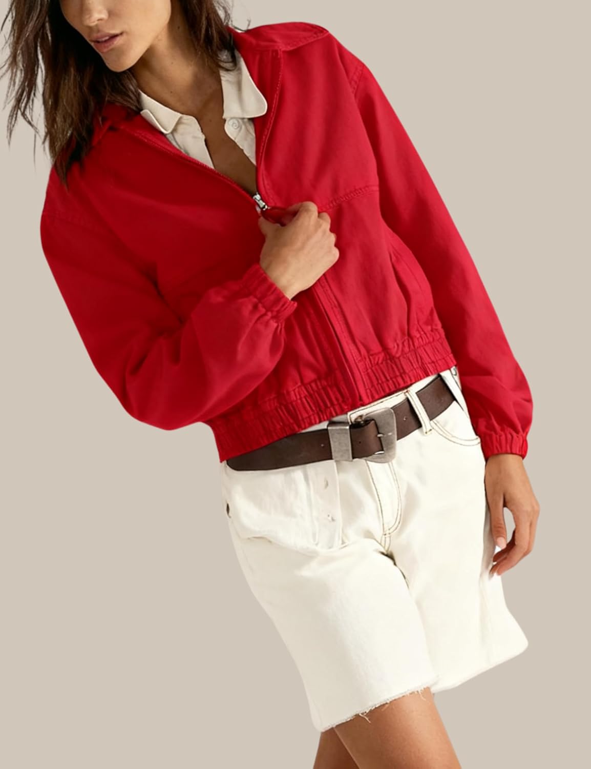 InterNos Women's Cropped Track Jacket Long Sleeve Zip Up Retro Jacket Lightweight Outerwear with Pockets