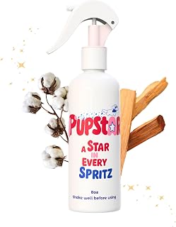 PUPSTAR Pet Perfume, 8 oz, Natural Sparkly Finish, Spray bottle, Long-Lasting scent, Vet Approved, Hypoallergenic, Grooming Approved, Alcohol-Free, Deodorizing cologne, Sandalwood & Fresh Linen