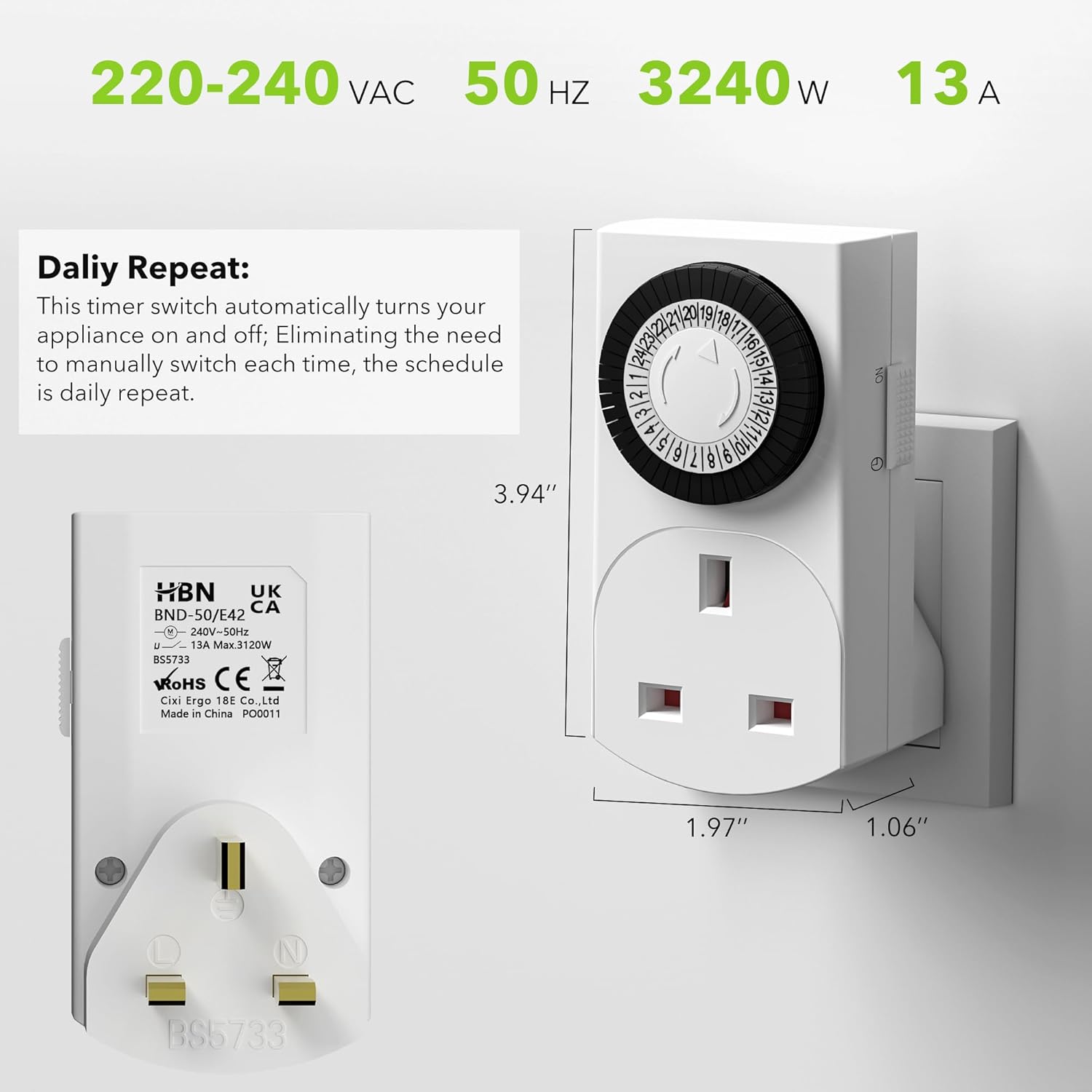 HBN 24 Hour Plug-in Compact Timer Plug Socket, Mini Energy Saver Mechanical Timer Switch for Indoor Lights, Christmas Lights and Home Appliances (13A/2900W, 3 Pack) - Image 6