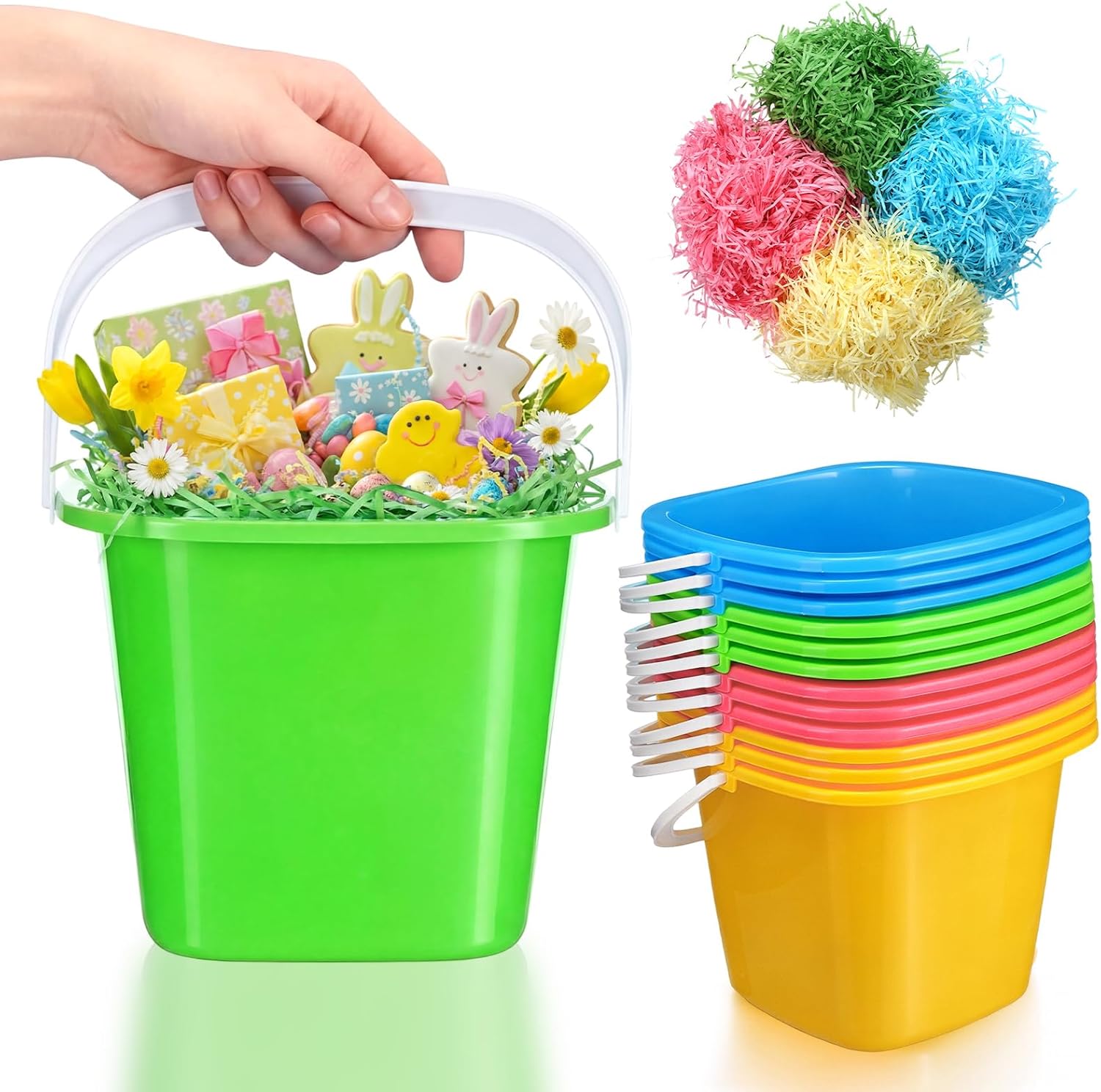 FillTouch 12 Pack 7.5 Inch Easter Buckets for Egg Hunt with Raffia Grass Plastic Easter Basket with Handles Colored Square Pails Bulk for Party Favors Themed Supplies Festive Decorations Friend Gift