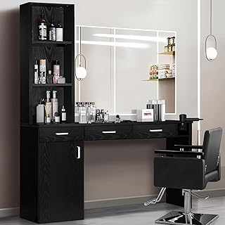 4ever2buy Barber Station for Hair Stylist, Salon Wall Station with Barber Cabinet, Hair Stations Equipment Hair Dryer Holder, Drawers, Wall Mount Barber Beauty Station, Mirror not Included, Black