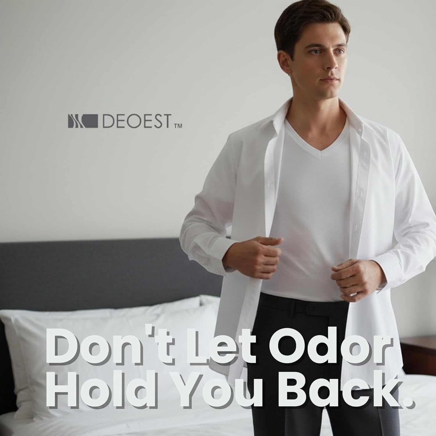 Men’s Odor-Eliminating Undershirt with Japanese Ceramic-Ion Tech, Source-Targeting Deodorizing, V-Neck Cotton, White, DEOEST