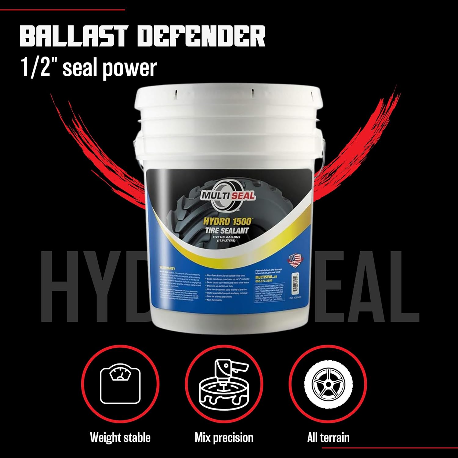 HYDRO 1500 Liquid Ballast-Filled Tire Sealant - Maximum Protection Formula - Prevents Flats - Seals Punctures - Tubeless Tire Sealant - 5-Gallon Pail