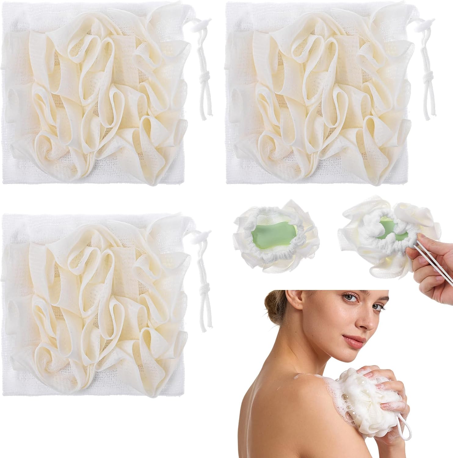 3 Pcs Bar Soap Loofah Pouch, 2-in-1 Exfoliating Loofah Washcloth with Soap Pocket, Gentle Body Scrub & Lathering Shower Pouf for Daily Bathing (White, Beige)