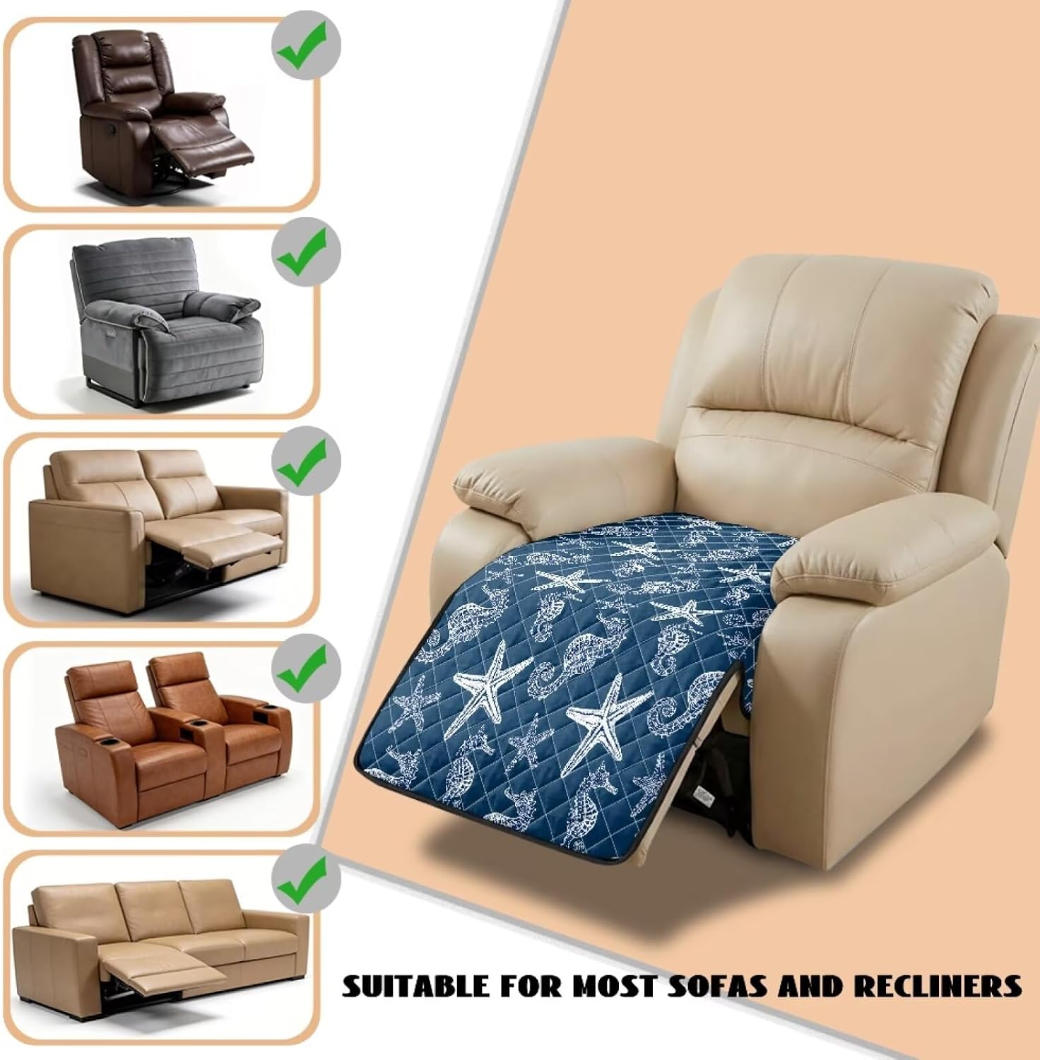 Blue Seahorses Starfishes Print Recliner Chair Cover, Anti-Slip Quilted Recliner Couch Slipcover, Washable Furniture Protector for Living Room, Fits Most Standard Recliners