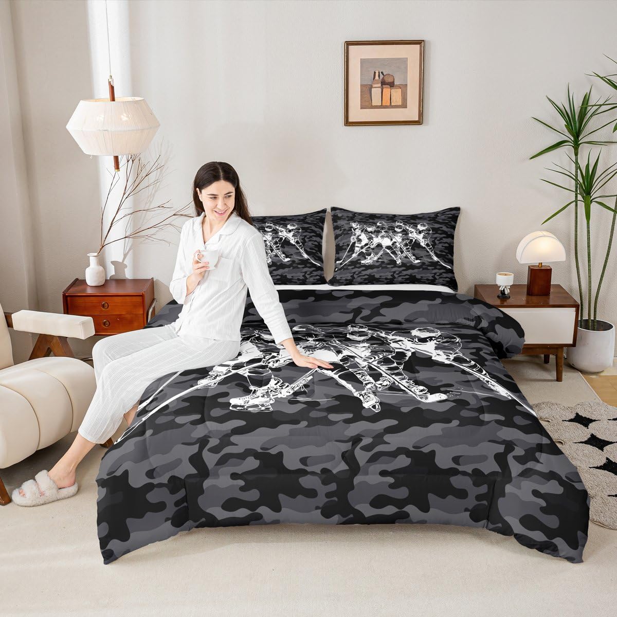 Erosebridal Ice Hockey Bedding Full,Hockey Team Comforter Set for Kids Adults Cool Sports Game Boys Bed Sets Vintage Grey Camouflage Duvet Insert 3 Pieces