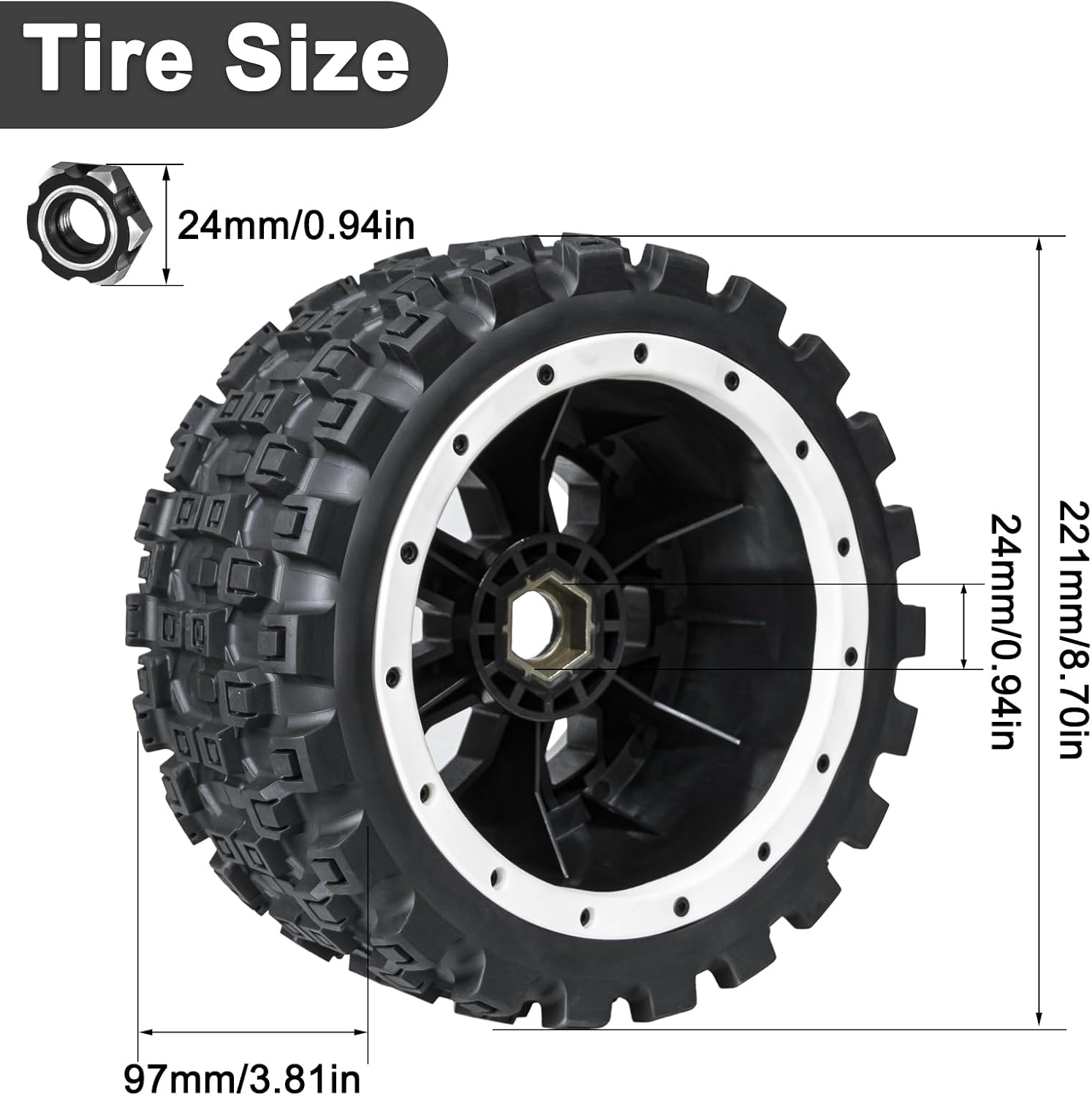 LRFHL 1/5 RC Tires and Wheels for Traxxas 1/5 X-MAXX 8S Arrma 1/5 Kraton 8S 1/5 Outcast 8S, RC Monster Truck Tires 24mm Hex Wheels (4PCS, White)