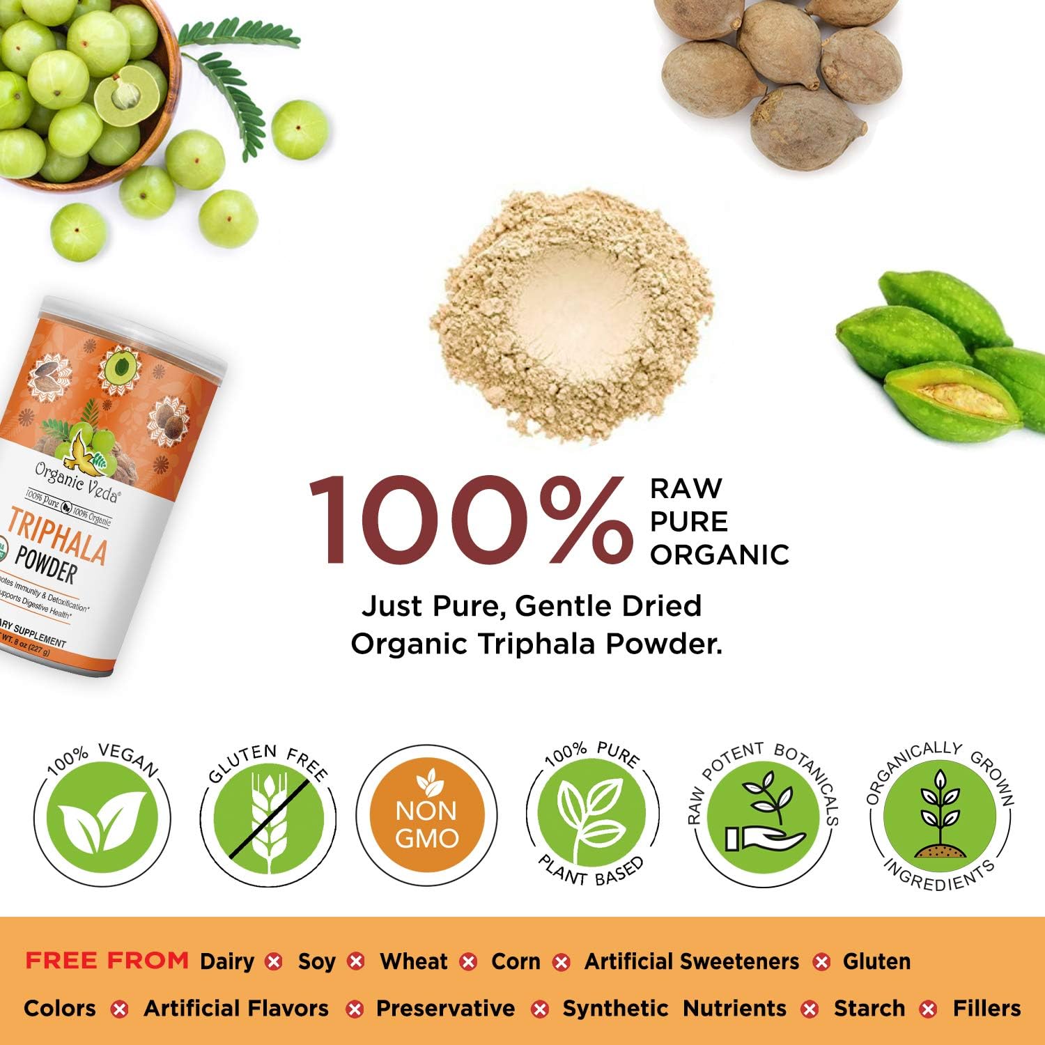 Organic Veda Triphala Powder– 100% Pure USDA Organic Ayurvedic Herbal Supplement Made with Organic Herbs Amla, Haritaki, Bibhitaki Fruits for Colon, Digestive & Immune System – 8 oz (227 gm) : Health & Household