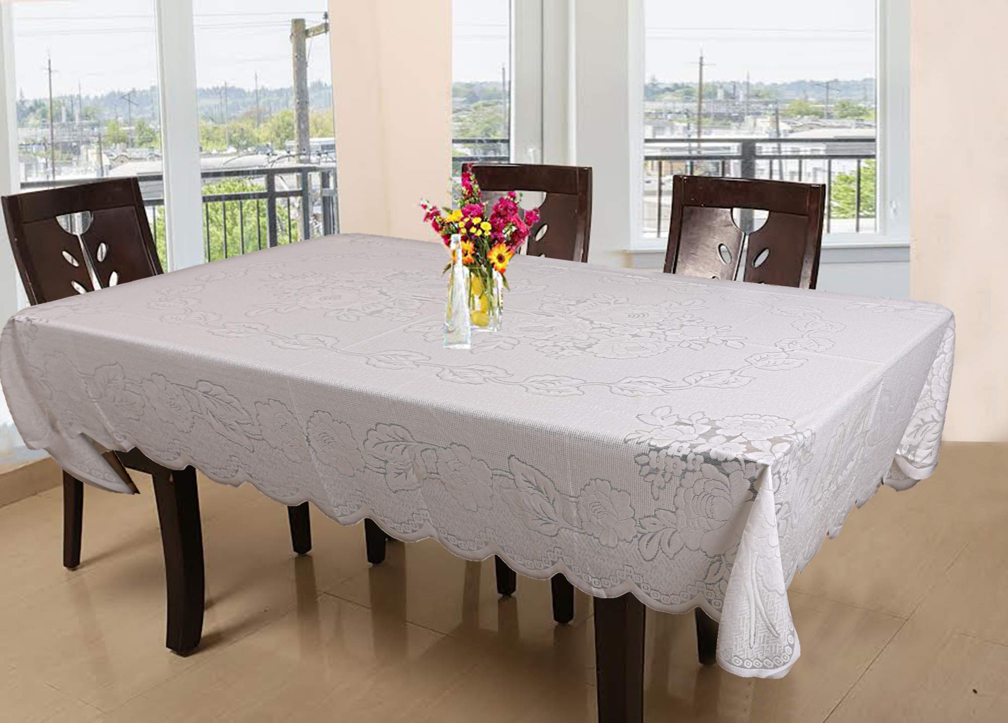 Kuber Industries Floral Cotton 6 Seater Dining Table Cover - White (CTKTC01263)
