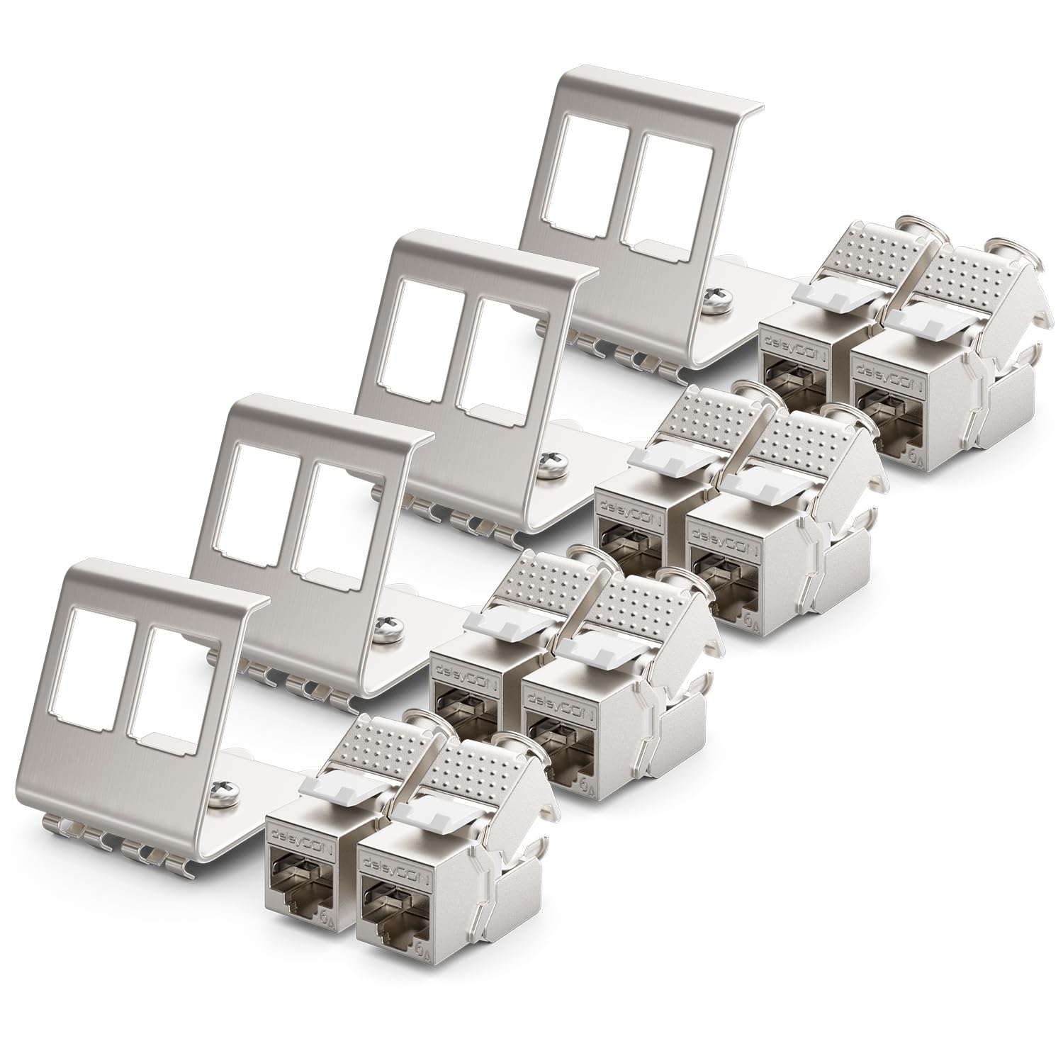 deleyCON 4x CAT6a Keystone Jack Module Avec 4x 2-Port Adaptateur Pour Profilé Chapeau Comme Set Métal STP Blindage RJ45 Femelle 10 Gbit/s Réseau Montage Snap-In Pour Profilés Chapeau 35mm