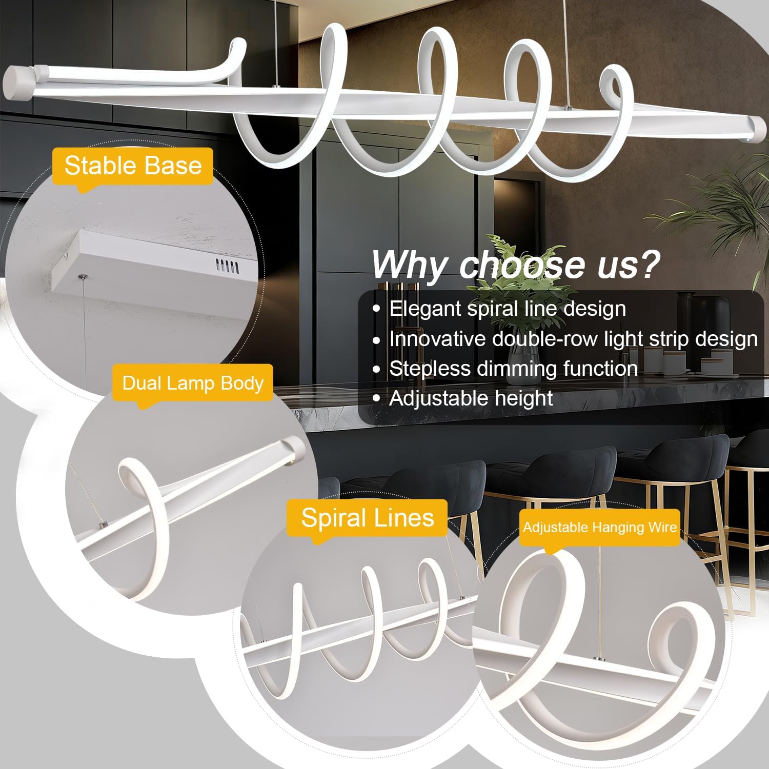 Modern LED Pendant Lighting Fixtures, Dimmable Led Chandelier with Remote Control,Acrylic and Aluminum Music Shape Adjustable Kitchen Island Hanging Lamp Painting Lamp for Dining Table Office Bedroom