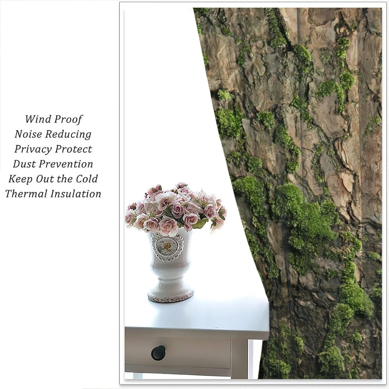 Brown Tree Bark Retro Curtains Green Natural Plant Moss Rustic Country Old Trunk Wood Art Print Blackout Window Treatment for Bedroom Kitchen Living Room Home Decor Window Drapes 42"W X 63"L