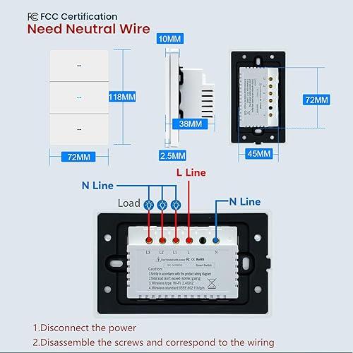 Miniatura 2 de Interruptor inteligente de 4.646 x 2.835 x 1.496 in, necesita cable neutro, WiFi de 2.4 GHz, interruptor de botón de plástico, función de
