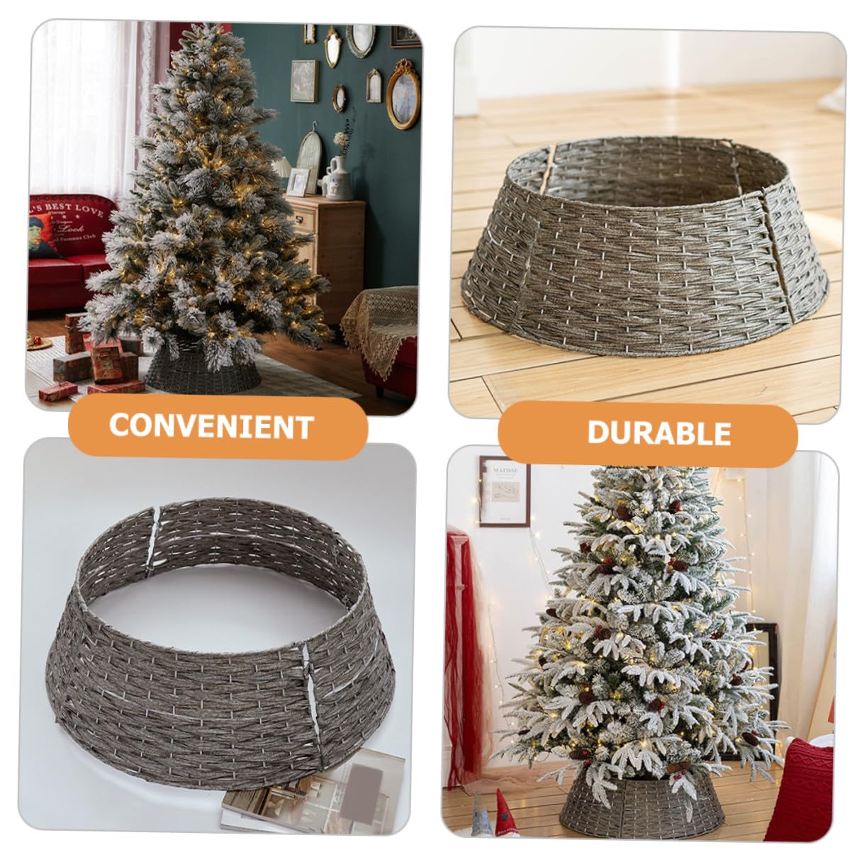 Collar para Árbol de Navidad Pequeño Gris, Falda de Ratán Artificial Tejida a Mano, Base Decorativa Reutilizable para Árbol Navideño, Decoración Rústica para Hogar, Tiendas