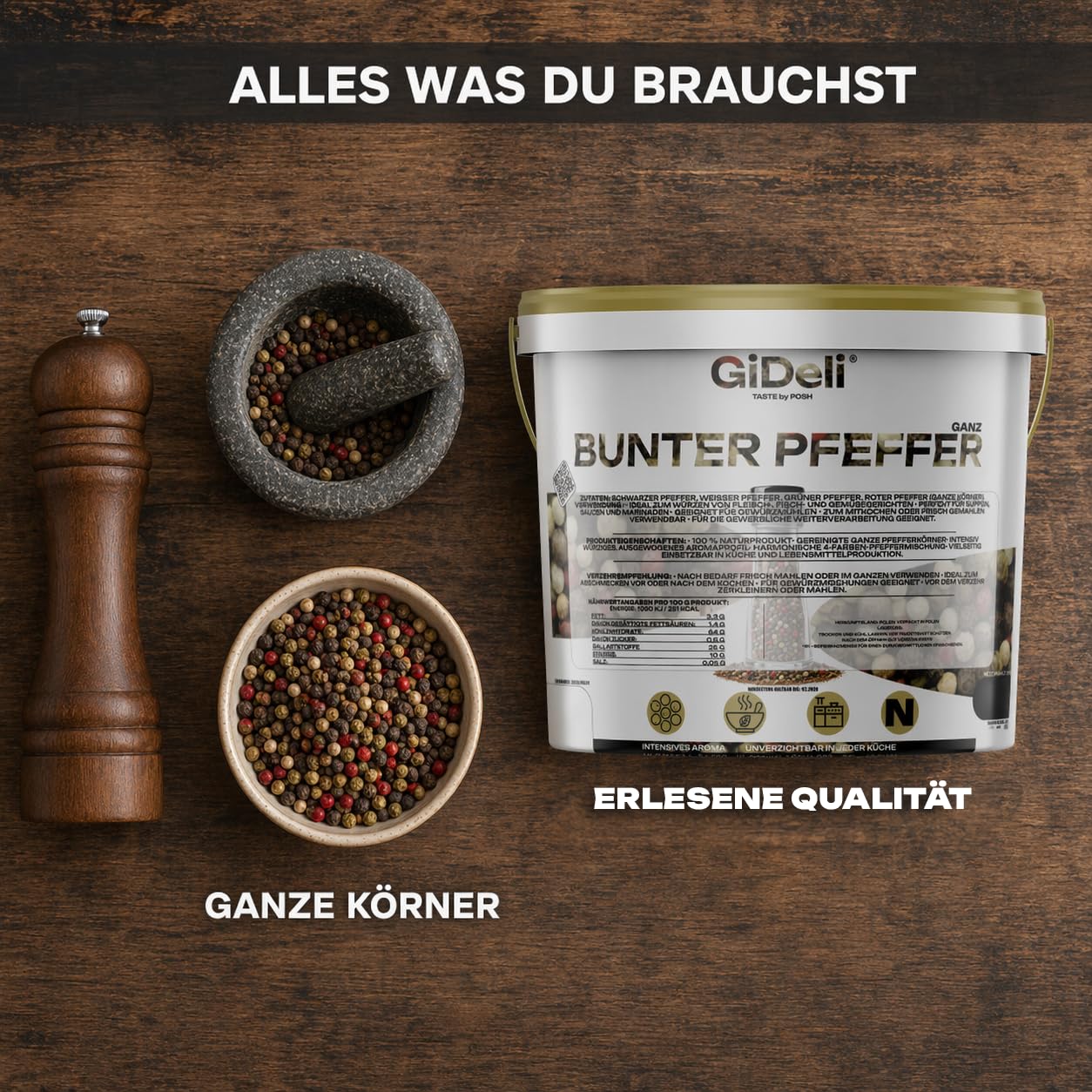 GiDeli Bunter Pfeffer Ganz 5kg im Eimer - Aromatische Schwarze, Weiße, Rote und Grüne Pfefferkörner - Für Pfeffermühle und Mörser - Universell Einsetzbar - 100% Naturrein ohne Zusätze