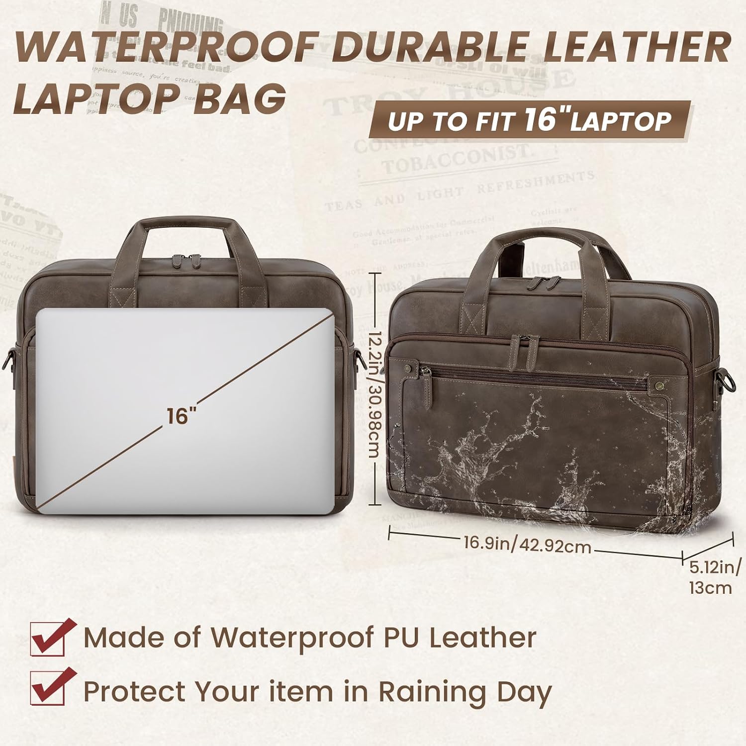 RAINSMORE Mens Laptop Bag 16 Inch Leather Briefcase Vintage Messenger Bag for Men Large Crossbody Shoulder Office Computer Bag Retro College Satchel Bag for Work, Business,Travel, Wood