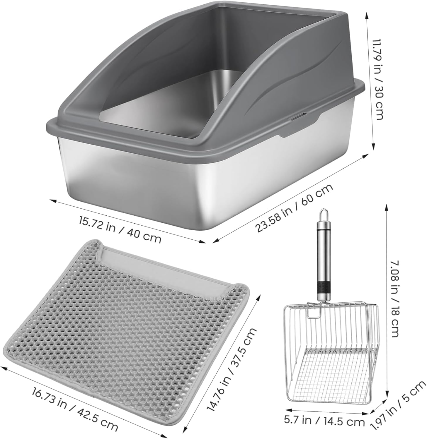 Mipcase 1Set High Wall Cat Litter Box Jumbo Stainless Steel Design for Indoor Cats Easy to with Included Scoop Reduces Mess and Scatter for Large Cats