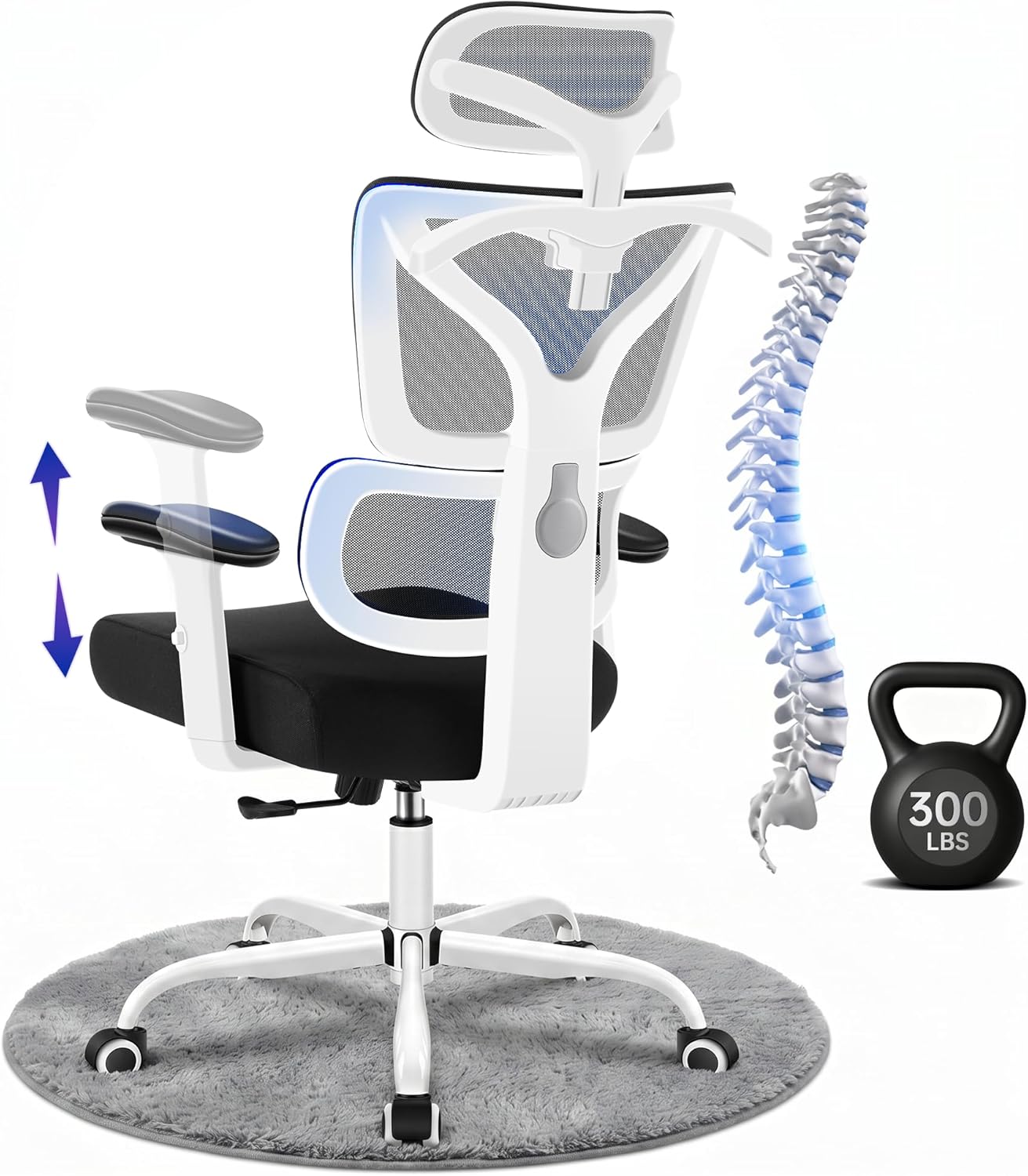Hayelf Ergonomic Office Chair, High Back Mesh Computer Chair with Comfortable Adaptive Lumbar Support, Built-in Coat Hanger, SGS Class 4 Gas Lift, Heavy Duty 300lbs for Long Hours Home Office