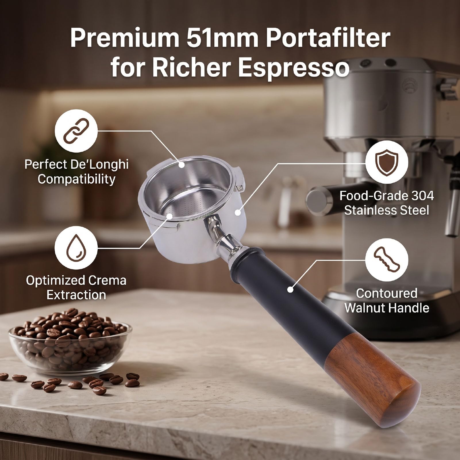 Haofy Portafiltro Senza Fondo 51 Mm, Portafiltro a 3 Alette, per Macchina | Il Portafiltro Mostra i Difetti, Acciaio 304, Manico Solido, EC680/685/ECP3420