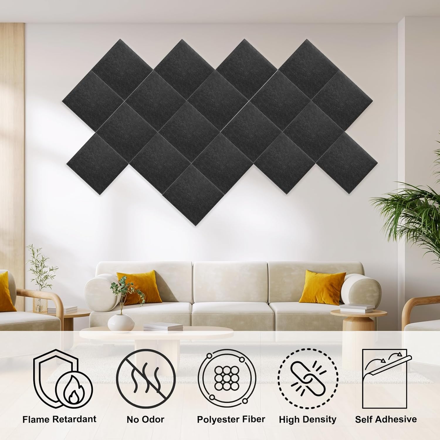 HARFINGTON 18pcs Acoustic Panels 11.8" x 11.8" x 0.3" Square Self Adhesive Sound Proof Wall Panels High Density Sound Deadening Foam Panel for Home Office Recording Room Studio, Dark Grey
