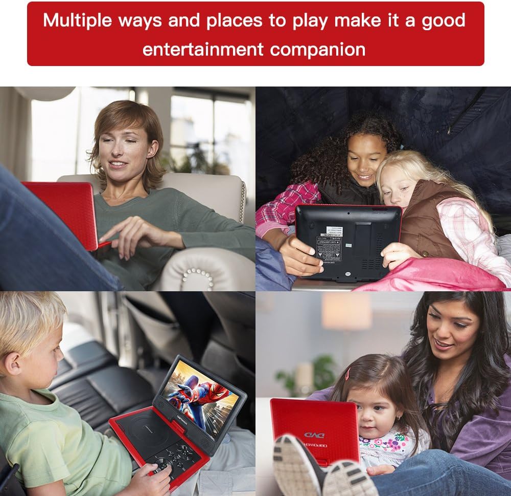 DBPOWER 7.5-Inch Portable DVD Player with Rechargeable Battery, SD Card Slot and USB Port - Red