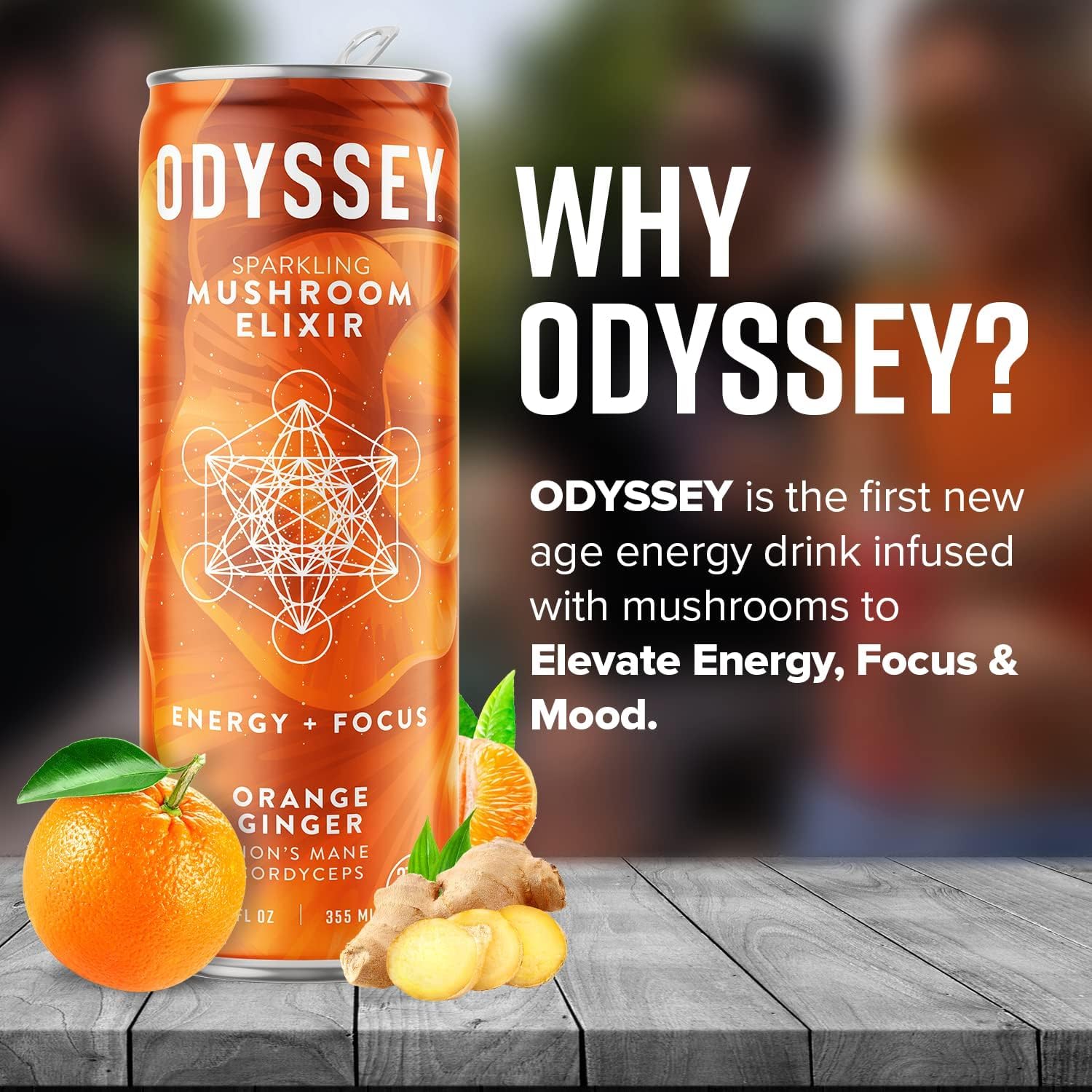 Odyssey Elixir Sparkling Adaptogen Drink, Low Calorie Drinks with L Theanine, Lions Mane, Cordyceps and Green Tea Caffeine for Energy and Focus, Non-GMO, Vegan,12 Fl oz, 4 Pack (Orange Ginger)