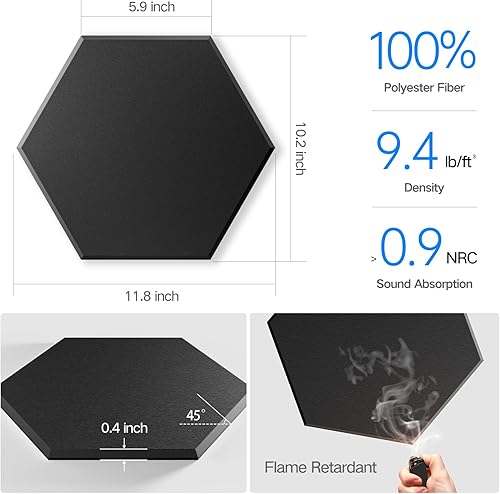 Miniatura 4 de paquete de 12 paneles acústicos autoadhesivos de alta densidad, paneles de espuma insonorizantes de 12 x 10 x 2564 de pulgada, elegantes paneles de