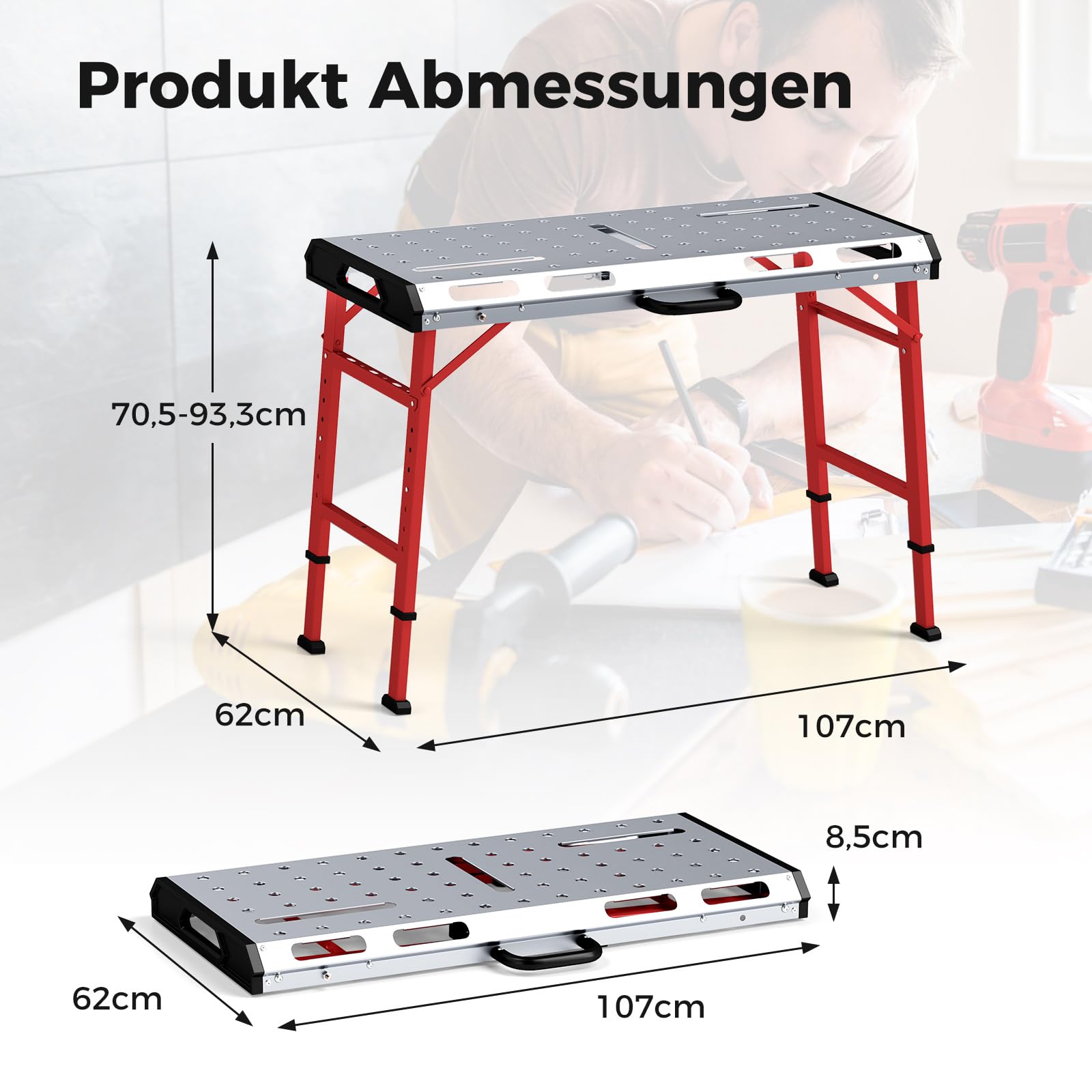 COSTWAY Werkbank Klappbar, Arbeitstisch Höhenverstellbar 107 x 53 cm mit 450 kg Tragkraft, Schweißtisch Werktisch mit 2 Stangenklemmen und Tragegriff, Werkzeugtisch für Garage Werkstatt