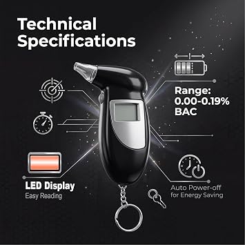 Battery Powered Breathalyzer Keychain Digital Alcohol Tester Detector Breath Analyzer Audible Alert Portable with LCD Display and Replacement Mouthpiece Personal Use G/Black...