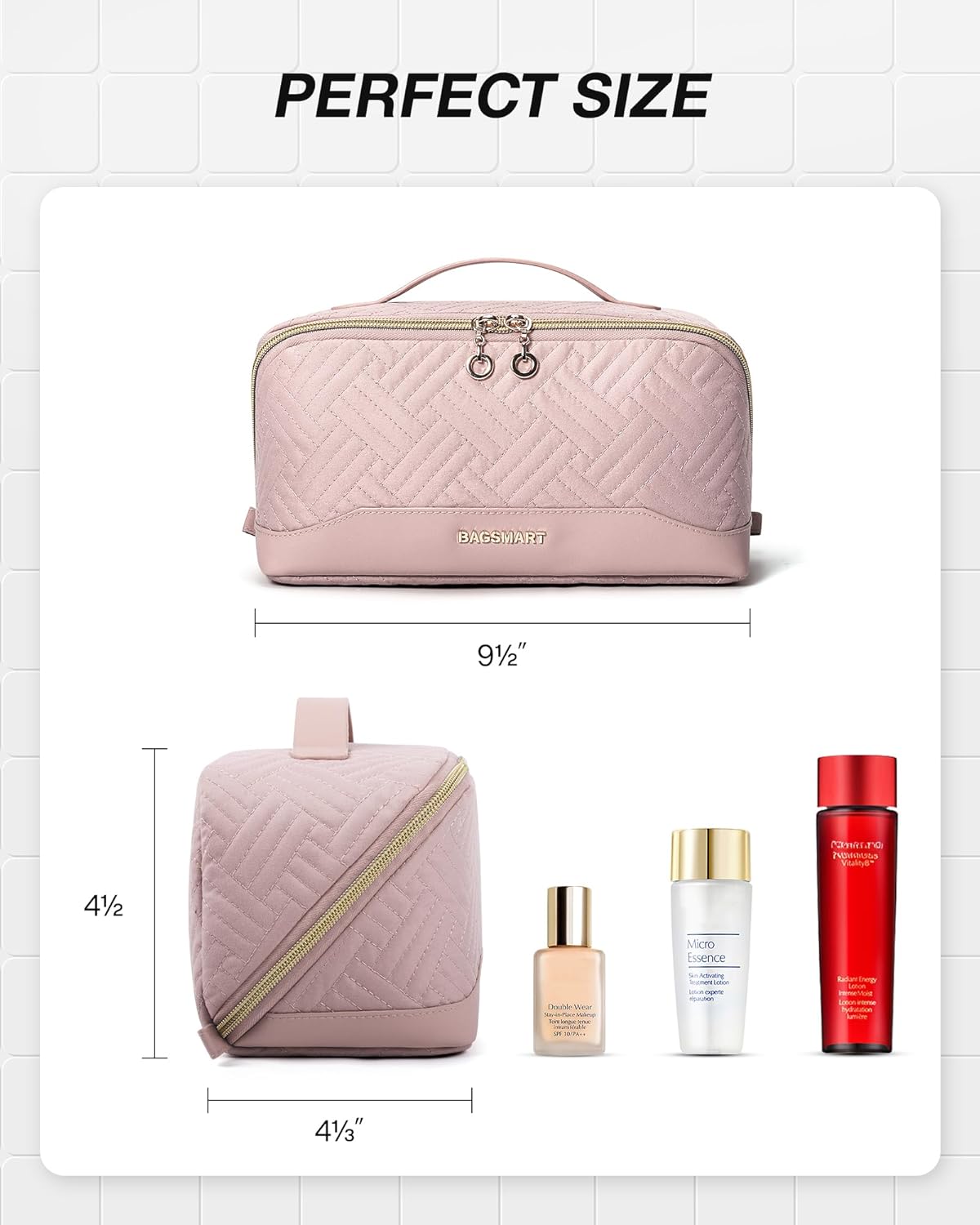 BAGSMART Makeup Bag Cosmetic Bag, Travel Makeup Bag,Water-resistent Makeup Bags for Women Portable Pouch Open Flat Make Up Organizer Bag for Toiletries, Brushes, Pink - Image 5