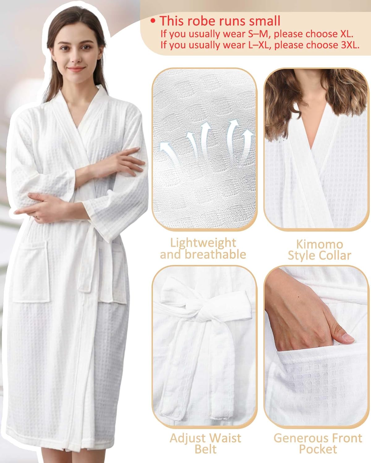 6 Pcs Women's Waffle Robes Spa Bath Robe Bulk Commercial Lightweight Thin Soft for Party Shower House