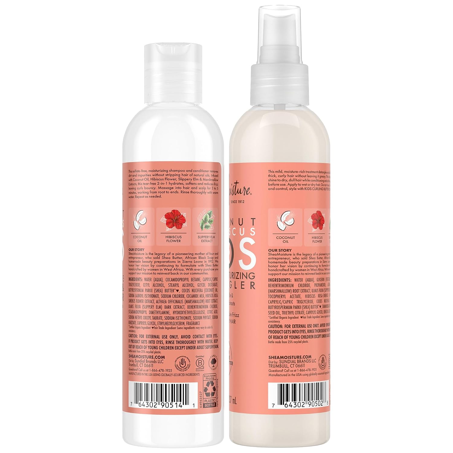 SheaMoisture Kids Coconut & Hibiscus Curl & Shine 2-in-1 Shampoo & Conditioner + Leave-In Conditioner Detangler Spray, Frizz Control for Thick, Wavy, Unruly Hair, 8 Oz Ea