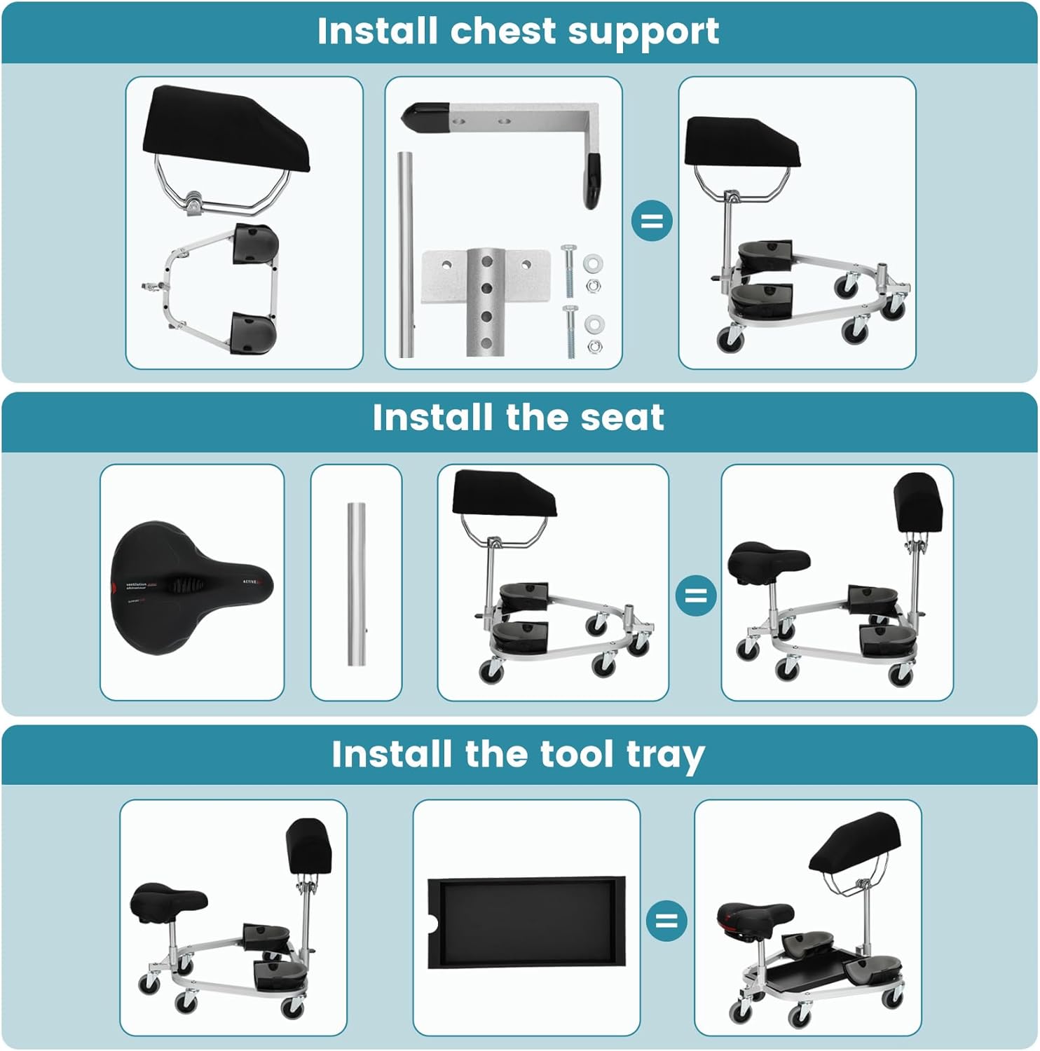 Kneeling/Sitting Creeper With Chest Support And Rolling Knee Pads, Featuring 3" Casters And Brake,300-Pound Capacity,Equipped With A Tool Tray For Tiles, Parquet, Cleaning Or Other Floor Work