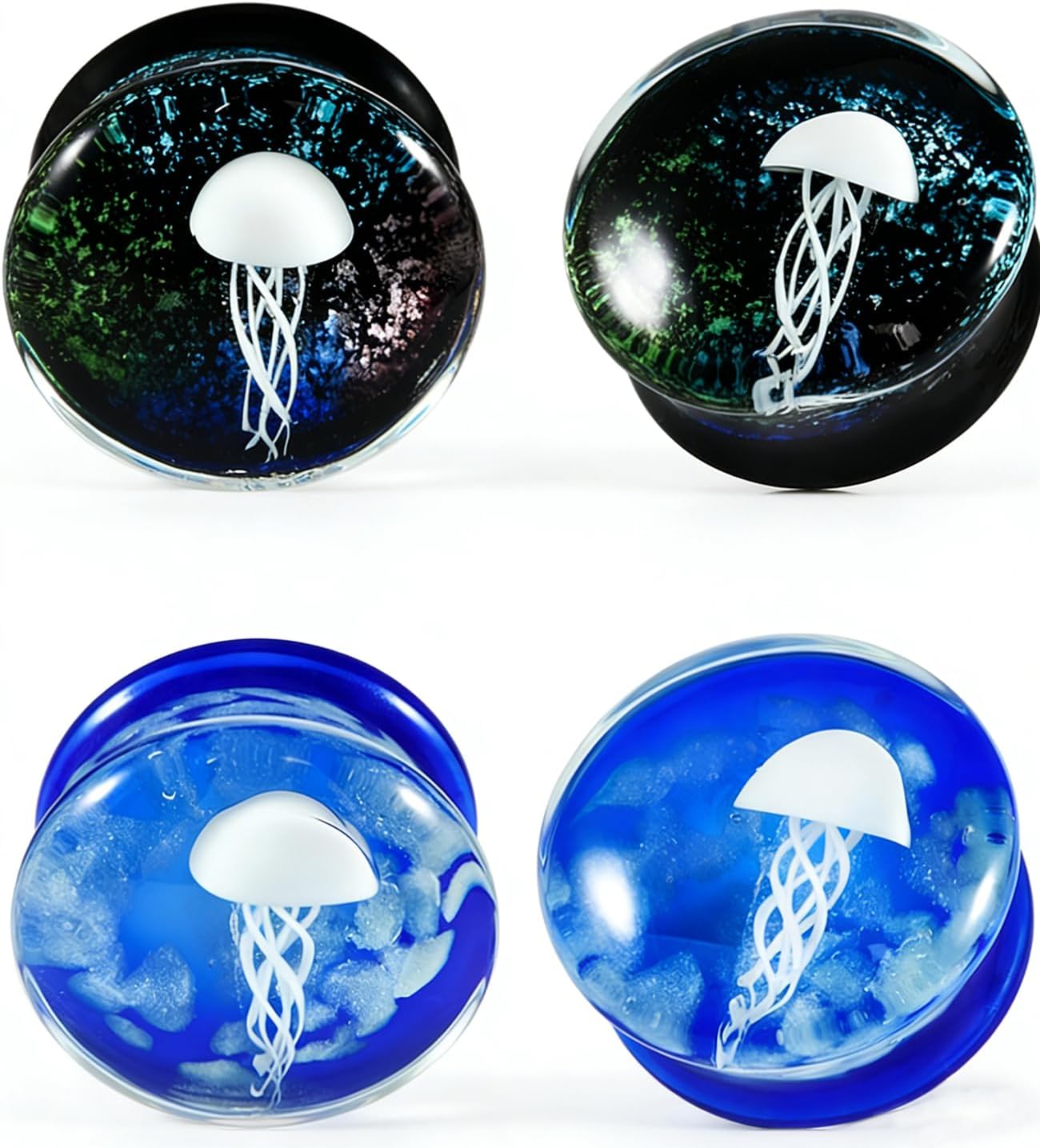 2 PAIRS Glass Blue/Black jellyfish Ear Tunnels Plugs Double Flared Glass Ear Gauges Strechers Expander Piercing Jewelry 8-25mm