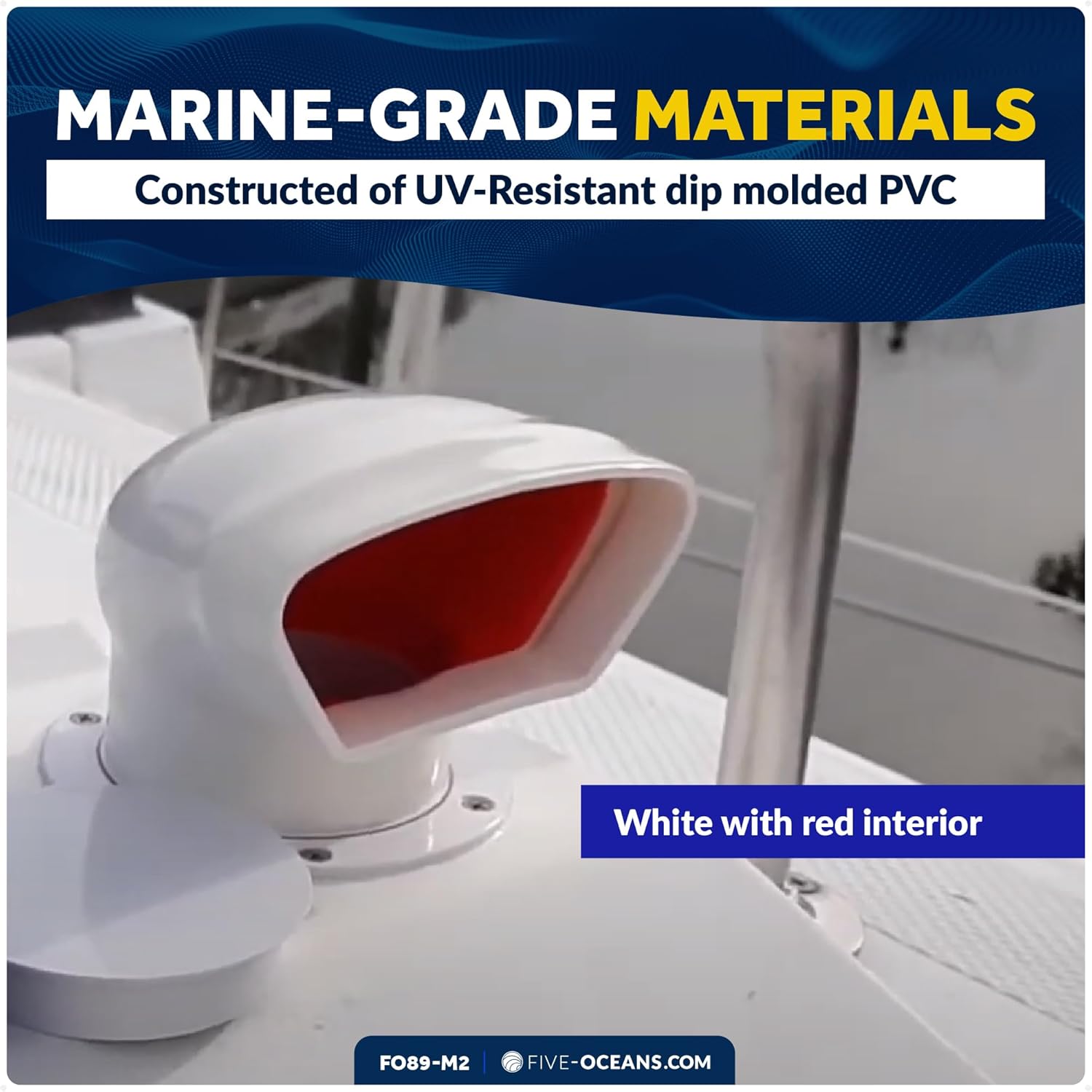 Five Oceans Cowl Vent with Snap-On Deck Plate and Cover, Low Profile UV-Resistant and Flexible PVC, Red Interior, for Air Intake or Cabin Ventilation