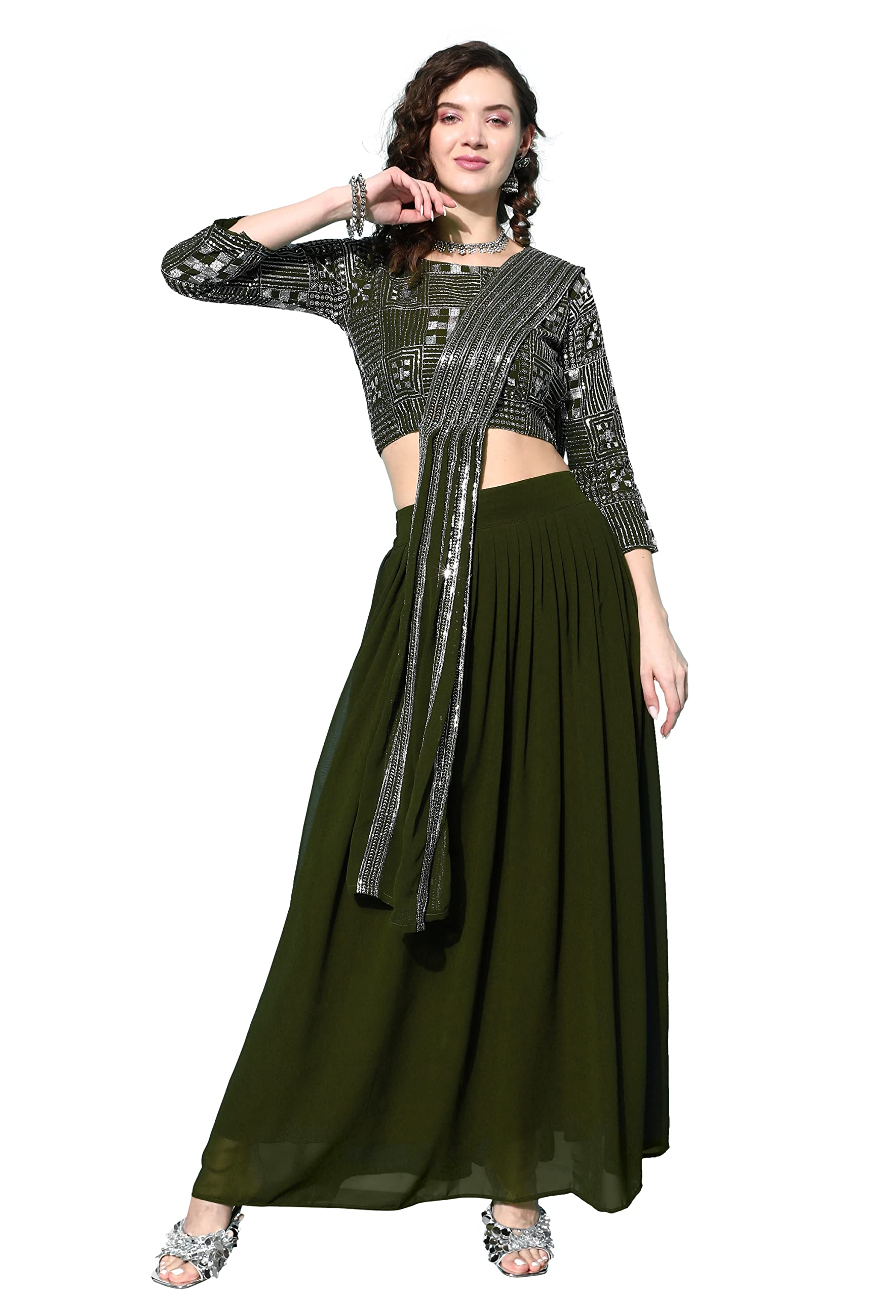 LYMI LABELWomens Georgette Zari dori Sequence Work Readymade Lehenga Choli with Dupatta Attached, Dark Green, 3XL