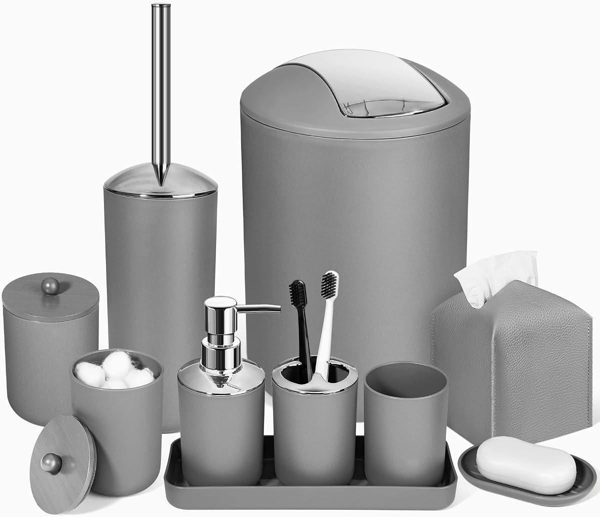 Juego de accesorios de baño grises, juego de accesorios de baño de 10 piezas con bote de basura, dispensador de jabón y soporte para cepillo de dientes, jabonera, bola de algodón y soporte para Qtip, soporte para escobilla de inodoro, cubierta para caja de pañuelos