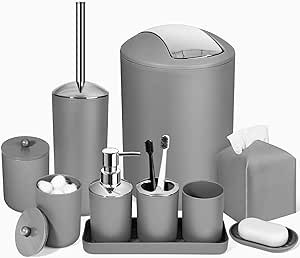 Grey Bathroom Accessories Set, 10Pcs Bathroom Accessory Set with Trash Can, Soap Dispenser and To...