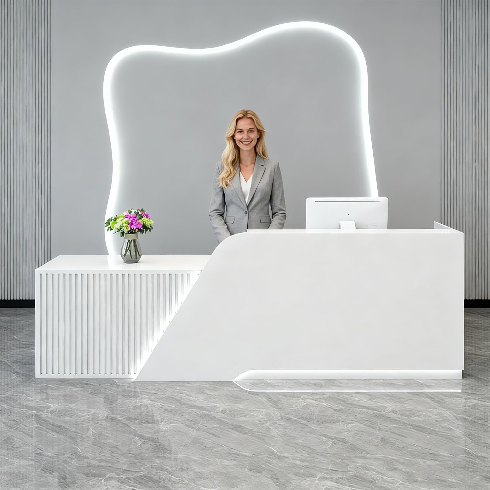 Modern Salon Front Reception Desk with Led Light, Lockable Drawer, Reception Desk with Counter, Retail Checkout Sturdy for Office, Shop, Easy to Install (White (Left), 220x60x100cm)