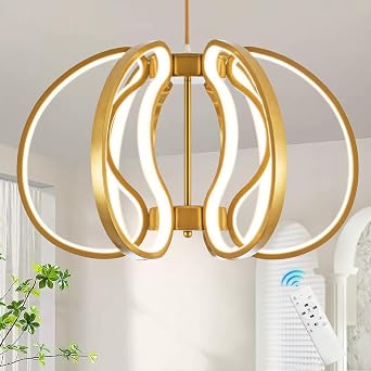 Modern Gold Chandelier with Remote Control, 69W 3-Color Temperature Dimmable LED Chandelier for Dining Room, Hanging Adjustable Pendant Light for Living Room Kitchen Foyer Entryway