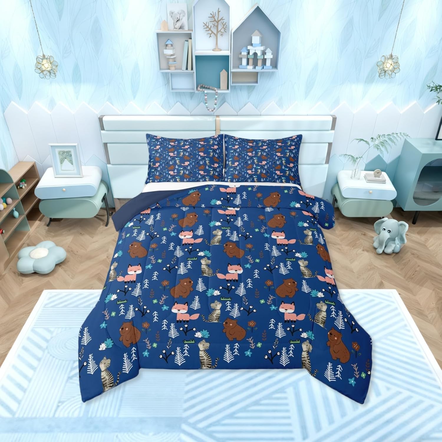 Erosebridal Full Size Boys Blue Bear Kids Comforter Set Cartoon Animal Bedding Set for Child Nursery Fox and Cat Wild Animals Comforter Woodland Animals Quilt Wildlife Botanical Duvet Insert,3 Piece