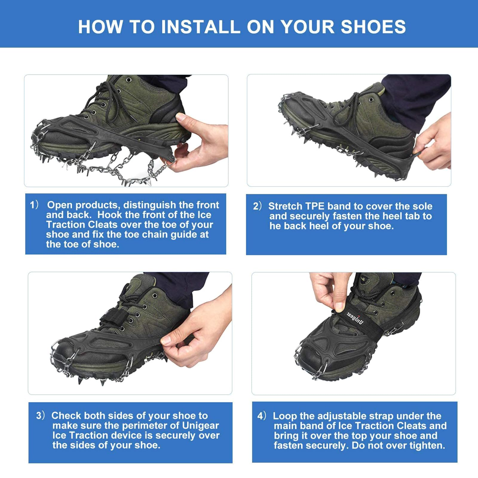 Ice Snow Grips 32 Spikes Escursionismo Boot & Scarpe Tacchetti di trazione in acciaio inox antiscivolo Inverno Ice Grippers facile da usare Spikes Pinze per la trazione Outdoor Escursionismo