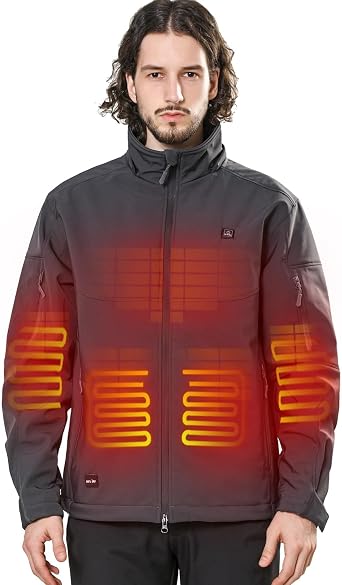 DEWBU Soft Shell Heated Jacket for Men with 12V Battery Pack and Detachable Hood Outdoor Electric Heating Coat