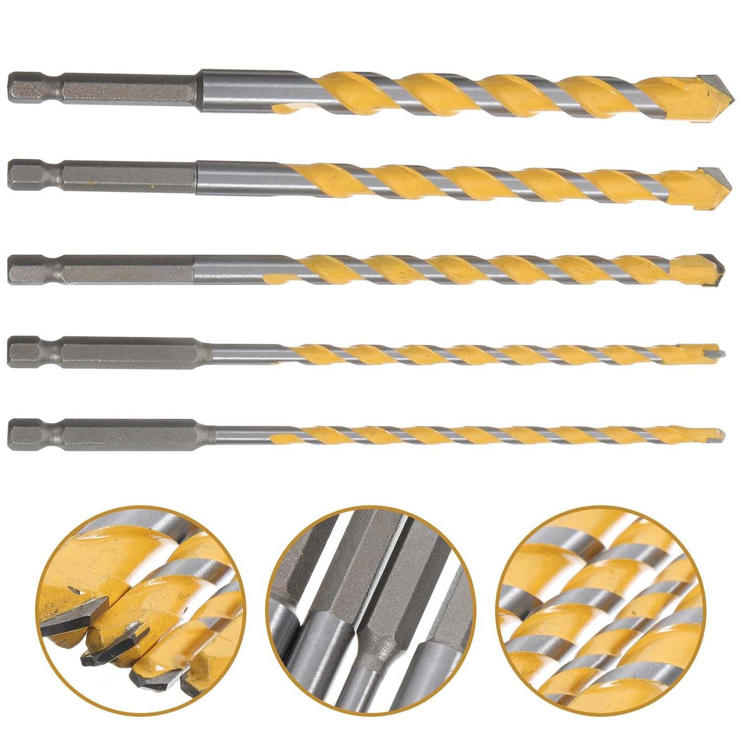 Multi-Purpose Masonry Drill Bit Set with Alloy Tips for Tile and Brick, Carbon Steel Construction, Wear Resistance and Hexagonal Handle Design, for Concrete and Stone Drilling