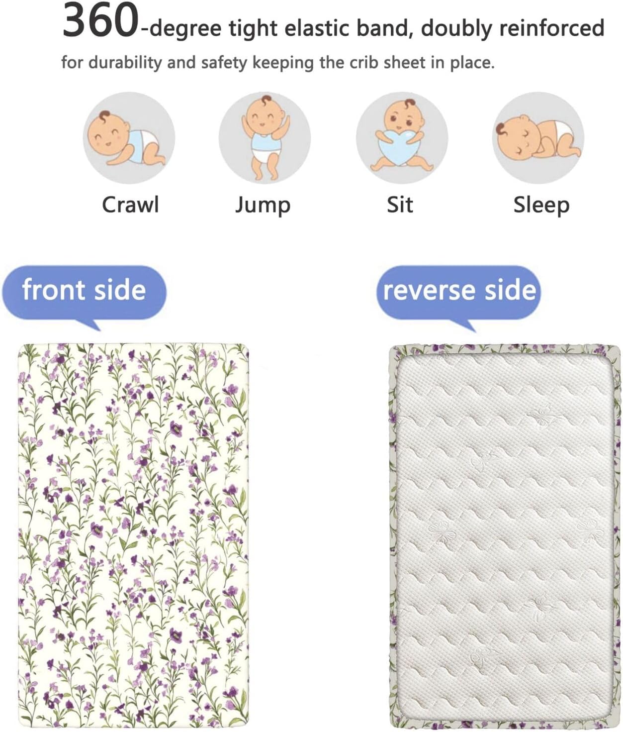 Flower Theme Fitted Crib Sheet,28"x 52" Baby Bedding with Soft Fabric - Breathable Material for Nursery Decor - Durable and Machine Washable,Sage Decorative Pattern &Purple Green