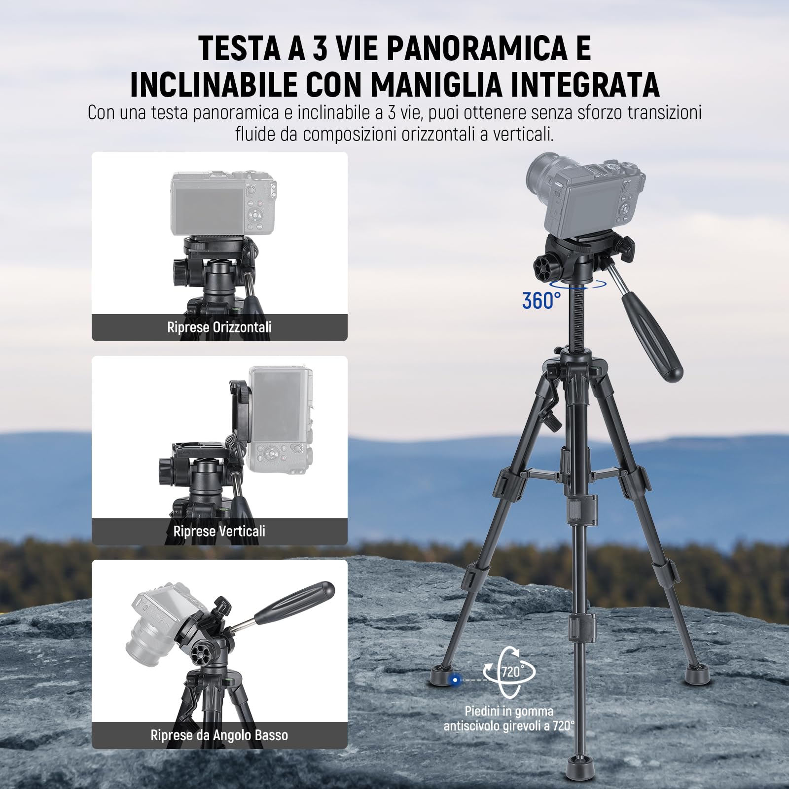 NEEWER Mini Treppiede da Tavolo di Base per Fotocamera e iPhone con Testa a 3 Vie Pan Tilt, Maniglia e Telecomando, Treppiede Portatile con Piastra da 1/4" per DSLR Videocamera, Max 4.4lb/2kg, TP02